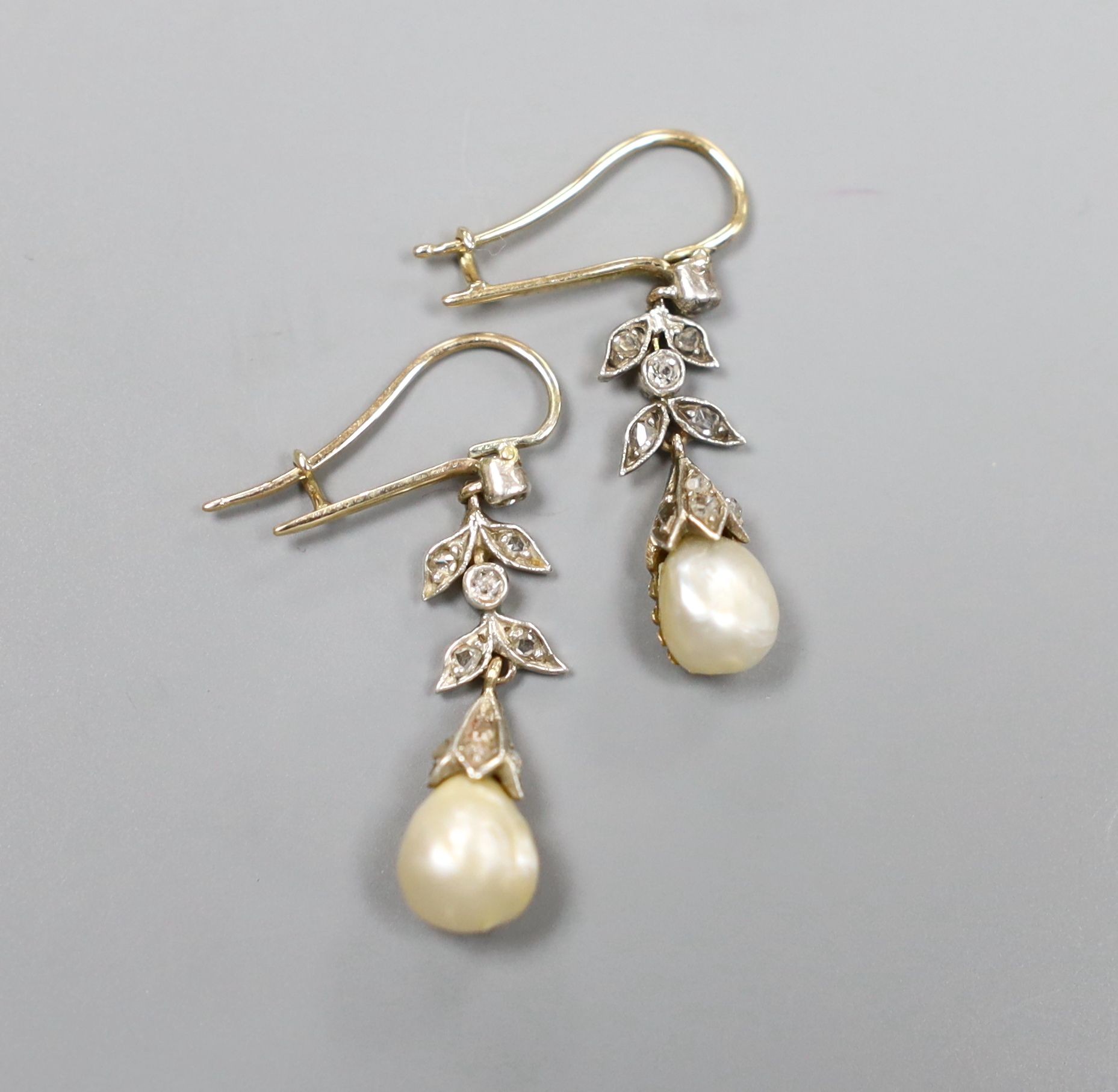 A pair of yellow metal ,cultured pearl and rose cut diamond set drop earrings, 20mm, gross weight 3 grams.